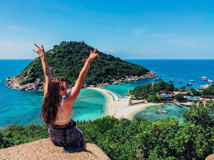 Girl at the viewpoint in Nang Yuan Island Koh Tao overlooking the incredible views 